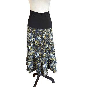 Womens Paisley Print Midi Skirt Asymmetrical Hem Dark Fairy Elastic Waist Sz S